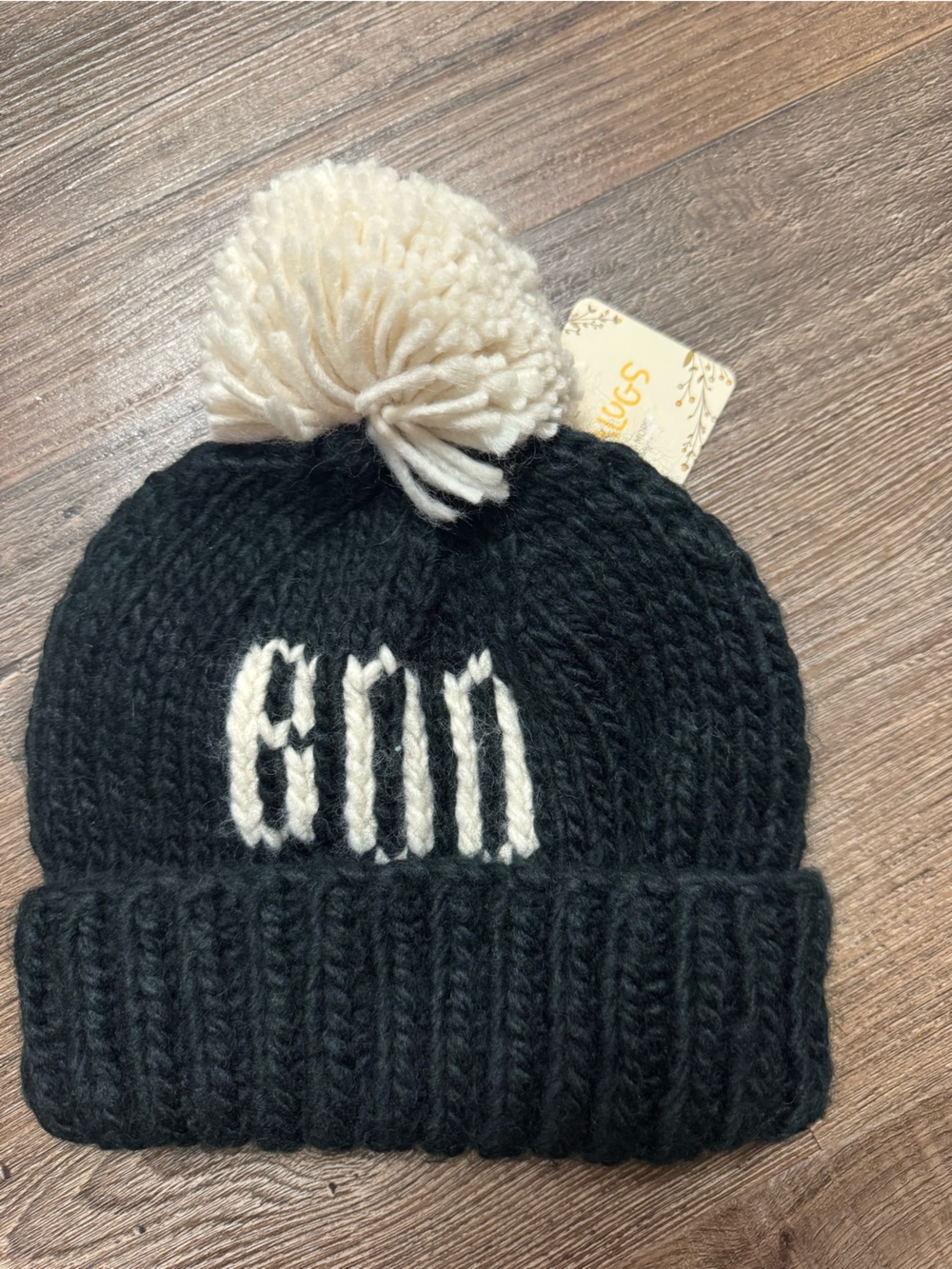 Kids Black Knit Beanie with Cream Pom